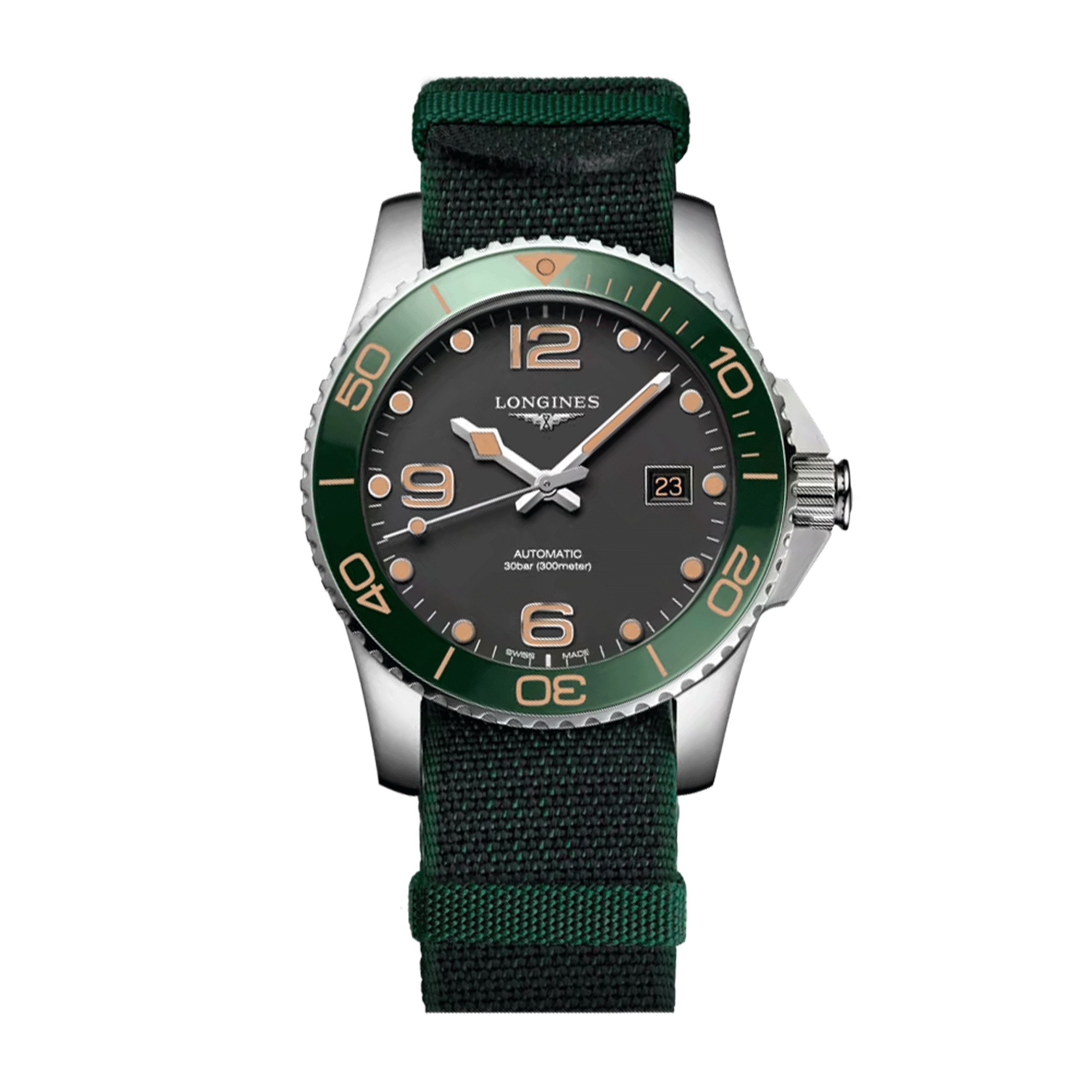 Longines Hydroconquest automatic watch green bezel black dial green fabric strap 41 mm