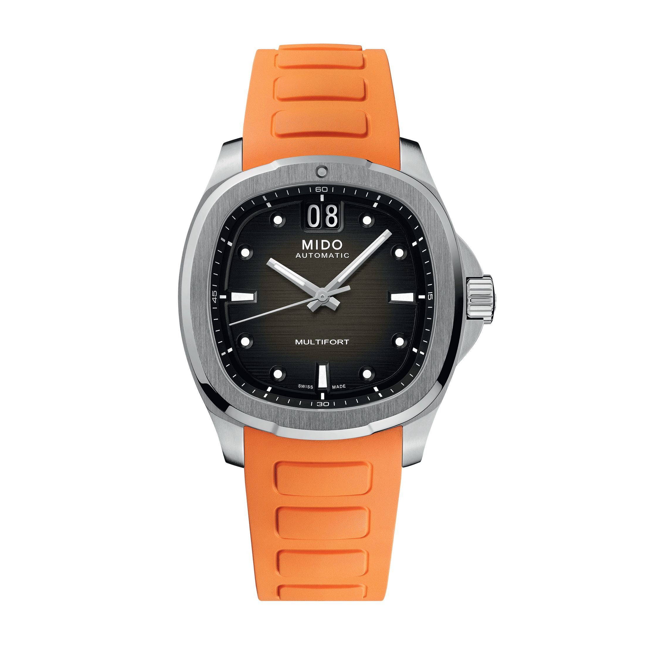 Mido Multifort TV Big Date automatic watch grey dial orange rubber strap 40 mm