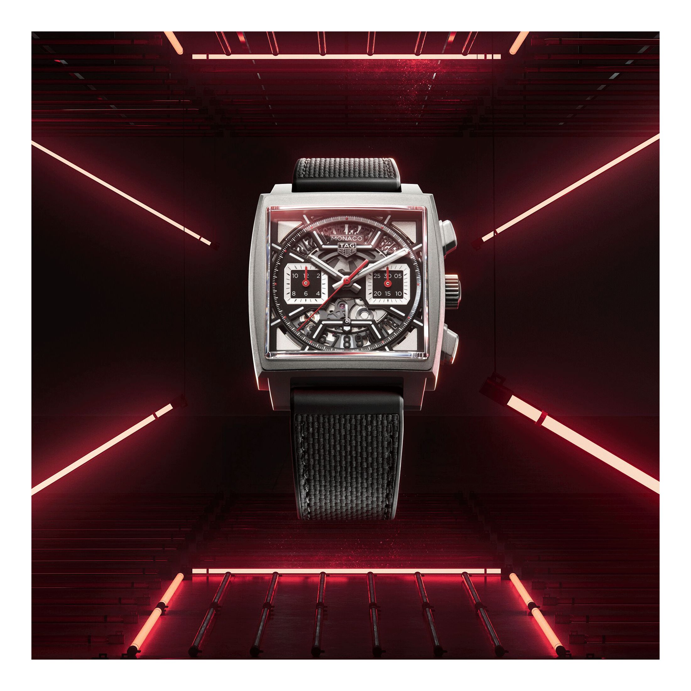 TAG Heuer Monaco Racing Red automatic watch with black leather and rubber skeleton dial 39 mm