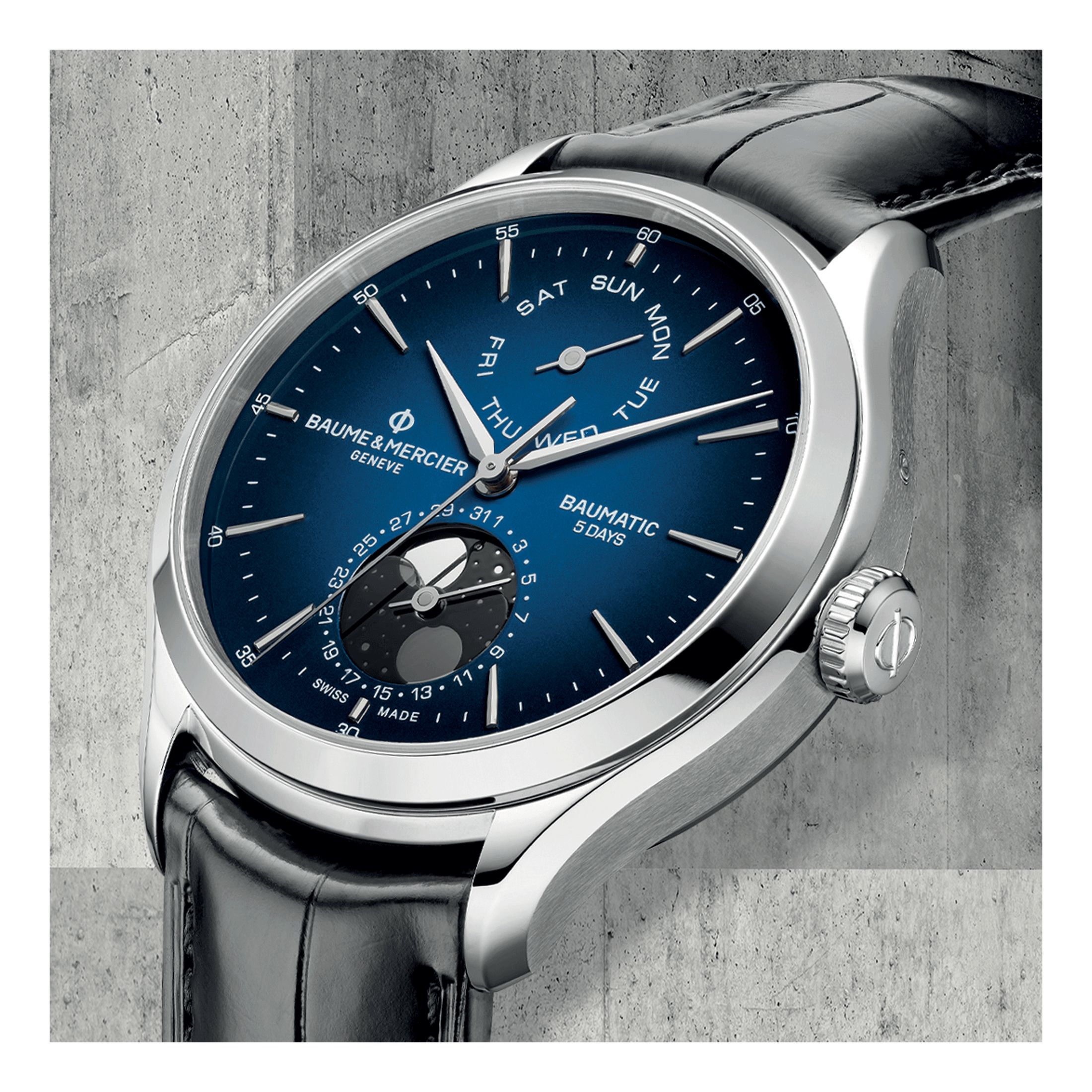 Baume et Mercier Clifton Baumatic Moon Phase watch automatic blue dial leather strap 42 mm