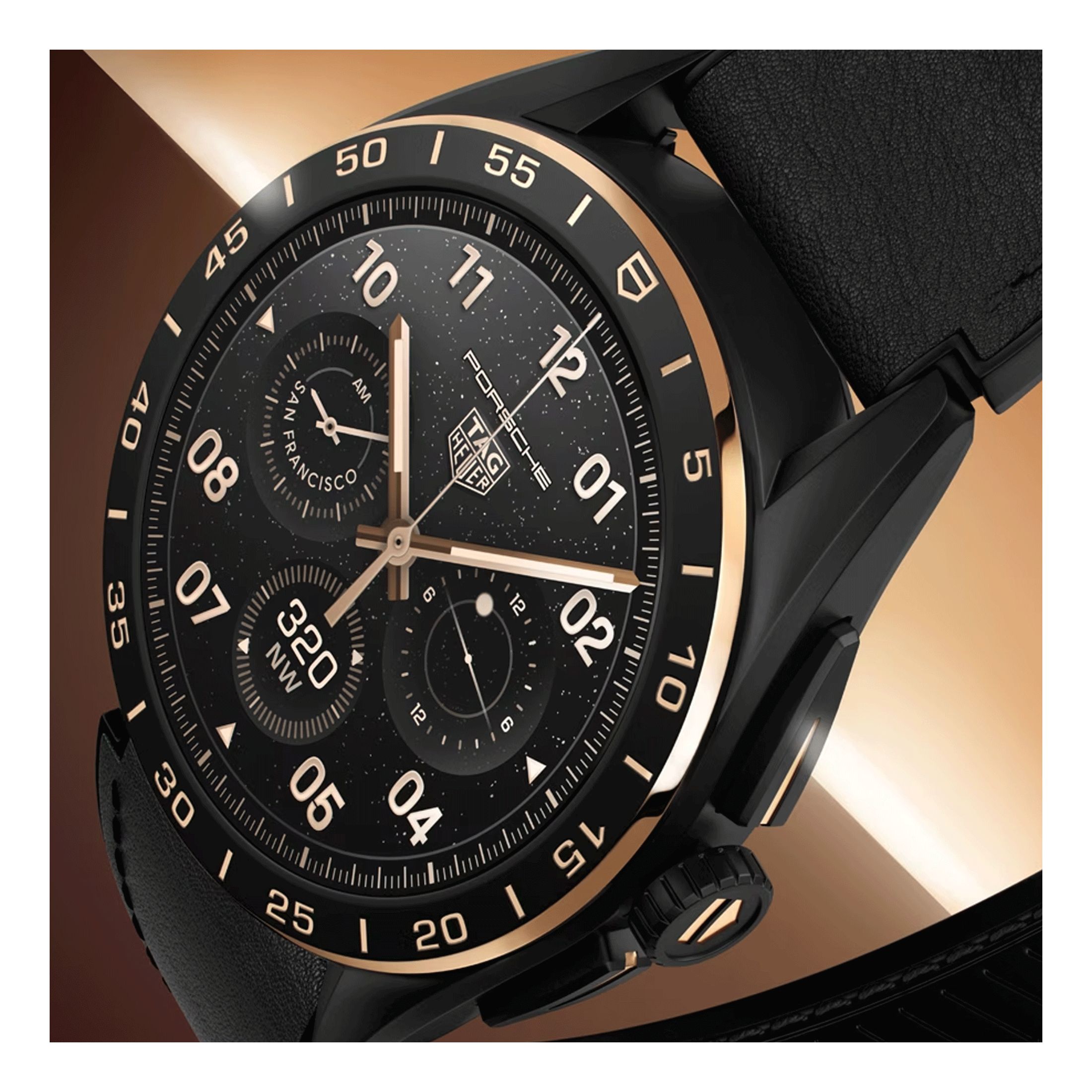 TAG Heuer Connected Calibre E4 Bright Black Edition Titanium watch rubber and leather strap 45 mm