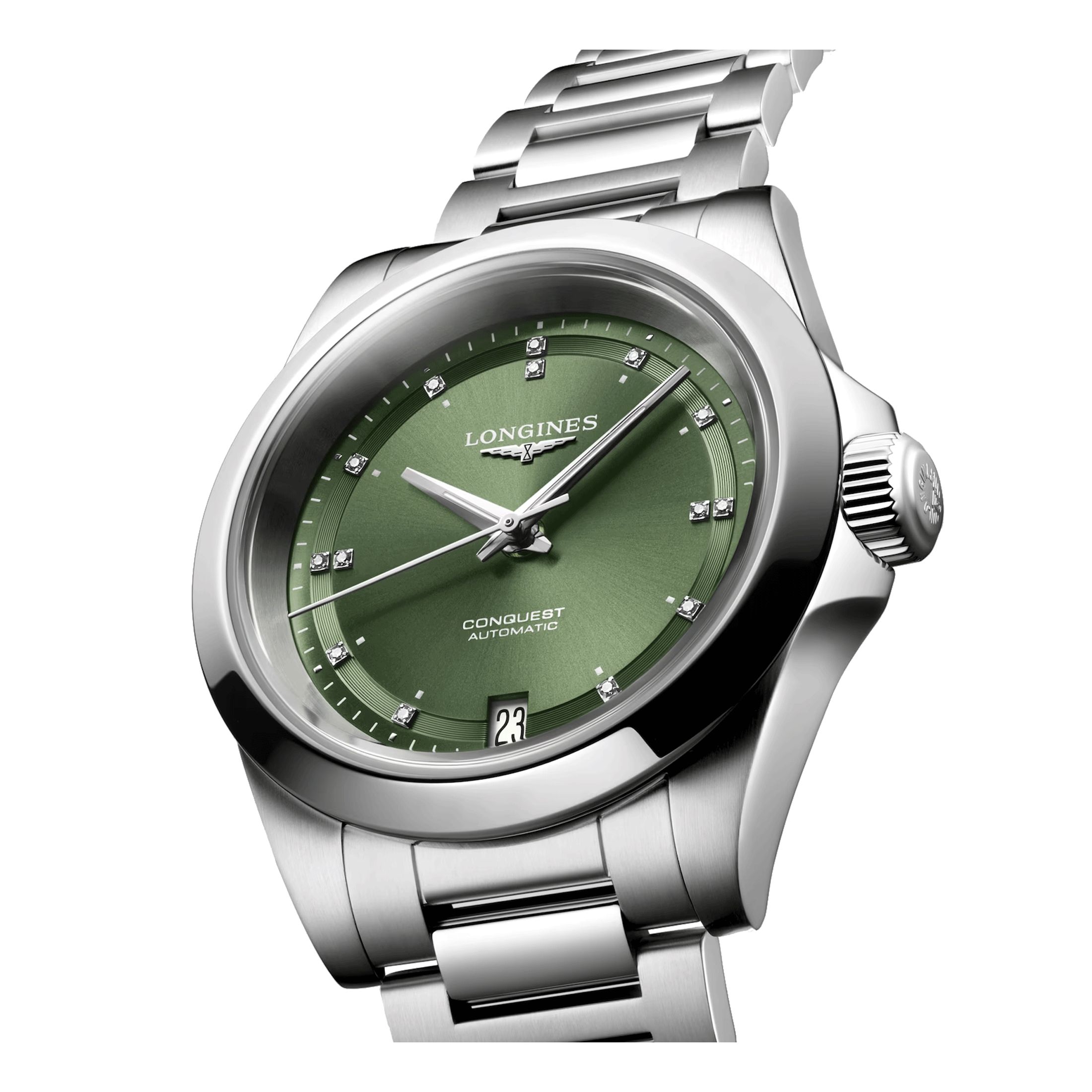 Longines Conquest 2023 automatic watch diamond index green dial steel bracelet 34 mm