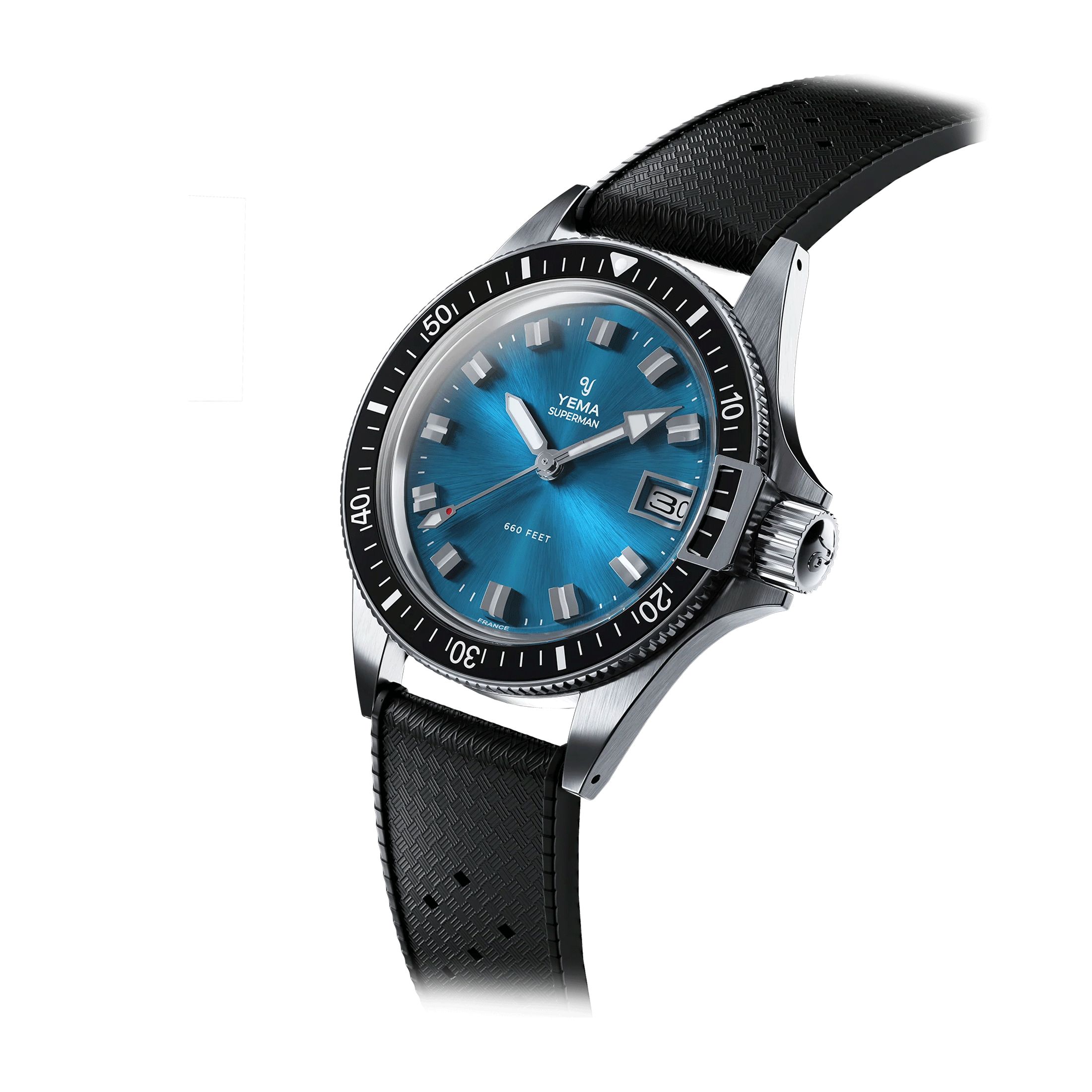 Yema Superman Heritage quartz watch blue dial black rubber strap 39 mm