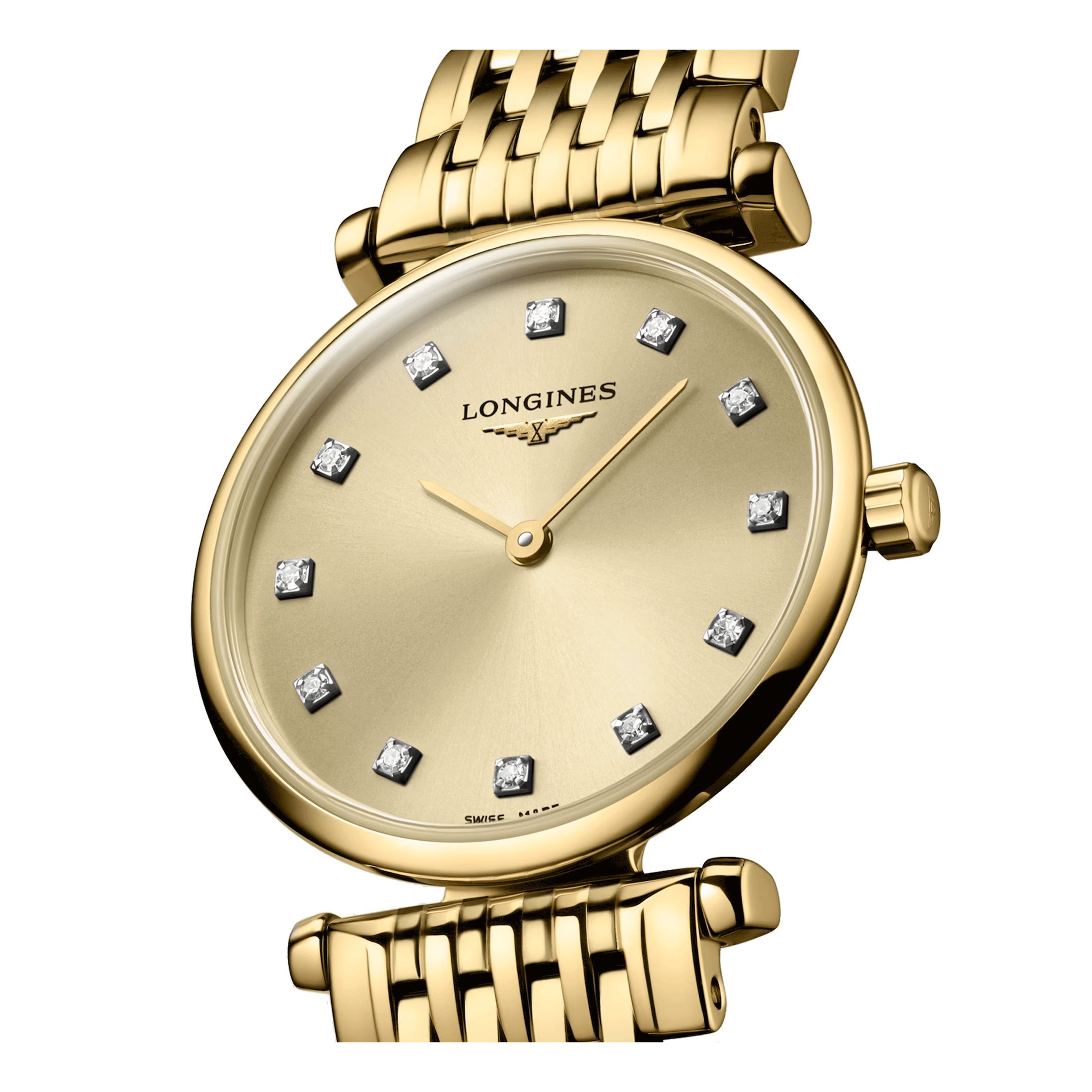 Longines La Grande Classique PVD yellow quartz watch diamond hour markers gold dial pvd steel bracelet 24 mm