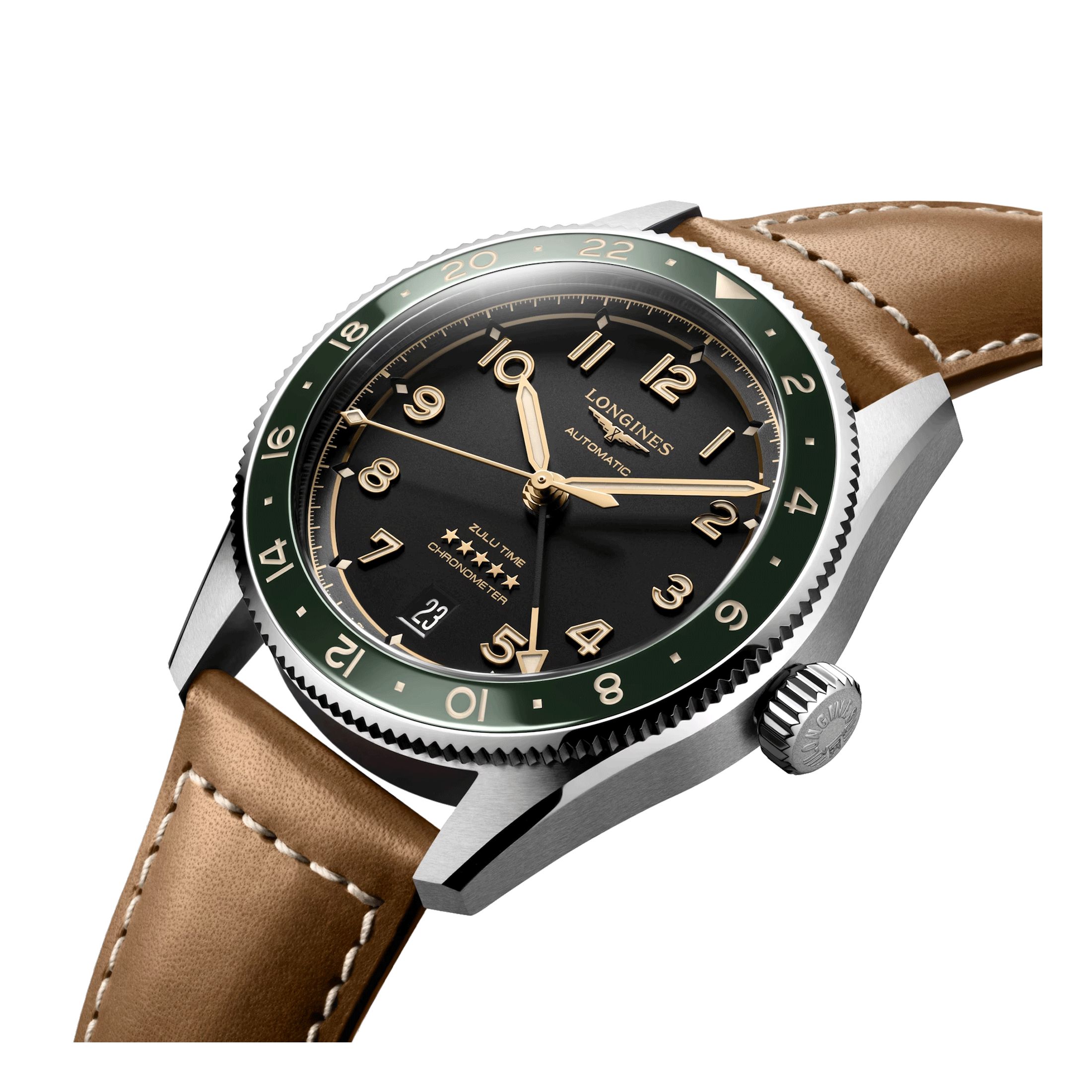 Longines Spirit Zulu Time automatic watch green bezel anthracite dial brown leather strap 39 mm