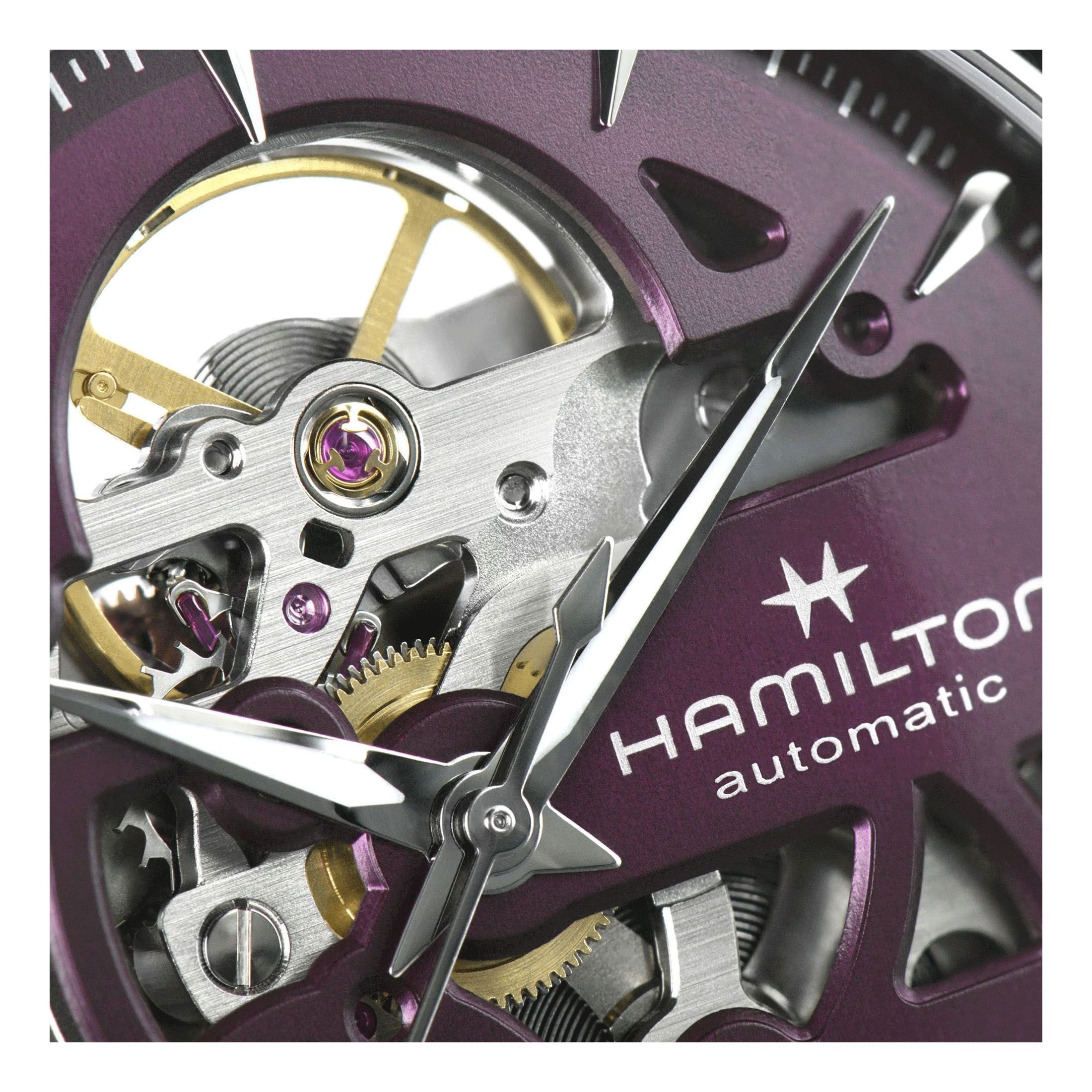 Hamilton Jazzmaster Skeleton automatic watch purple skeleton dial pink  leather strap 36 mm