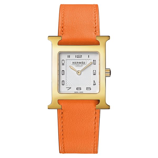 Montre HERMÈS Heure H Moyen Modèle PVD Or jaune quartz cadran blanc bracelet cuir orange 30 mm