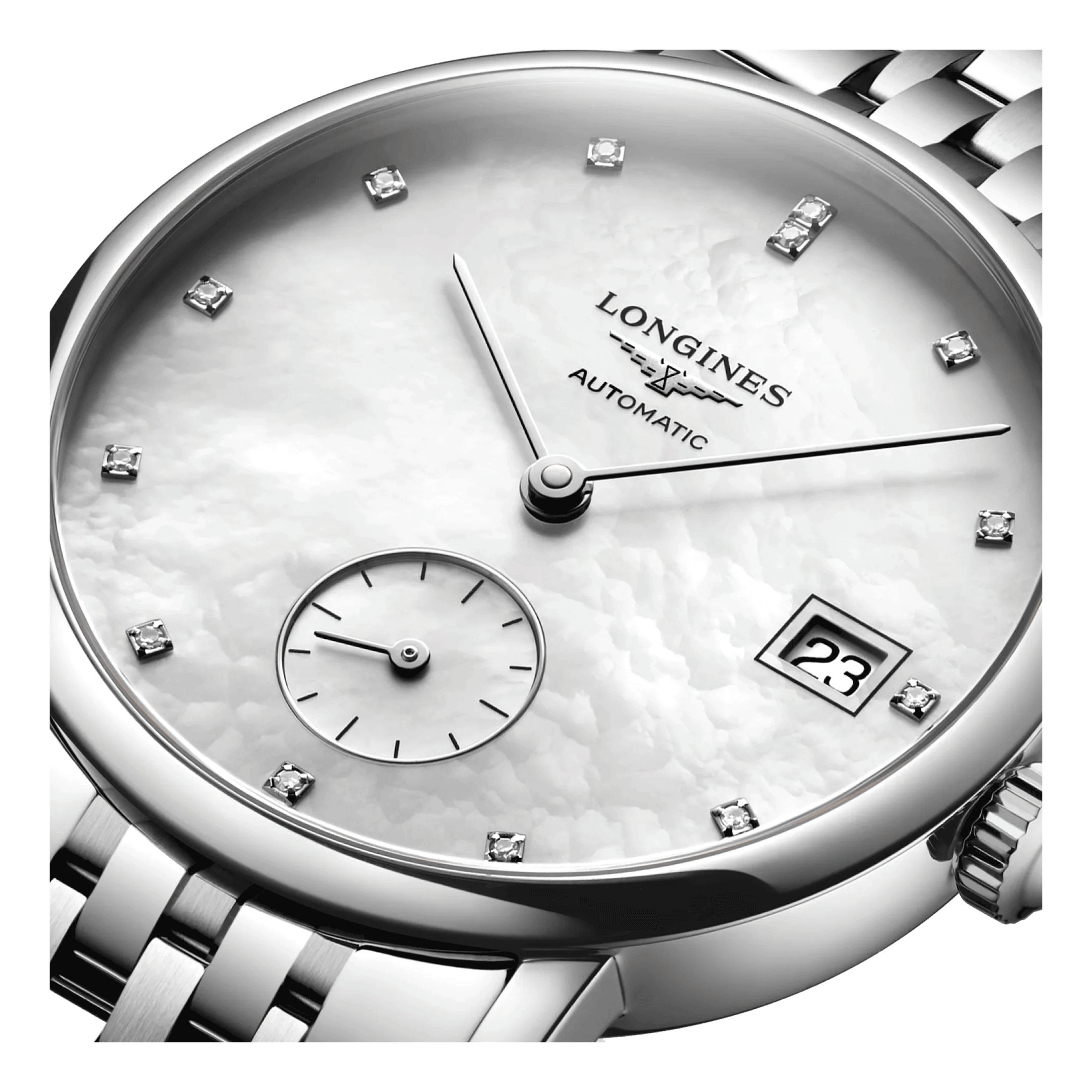 Longines Elegant automatic watch dial diamond hour markers white mother of pearl steel bracelet 34.5 mm