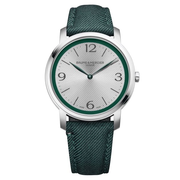 Baume et Mercier Classima quartz watch silver dial green fabric strap 42 mm