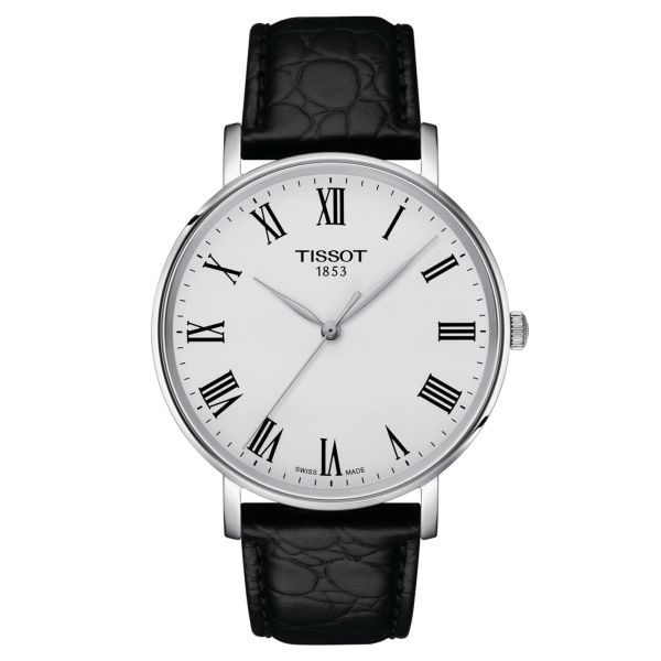 Tissot Everytime quartz watch silver dial black leather strap 40 mm