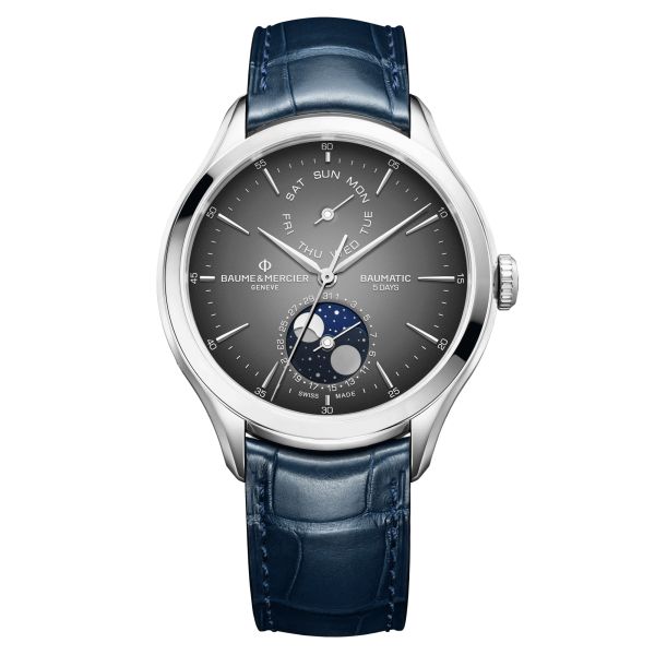 Watch Baume et Mercier Clifton Baumatic automatic grey dial blue alligator leather strap 42 mm