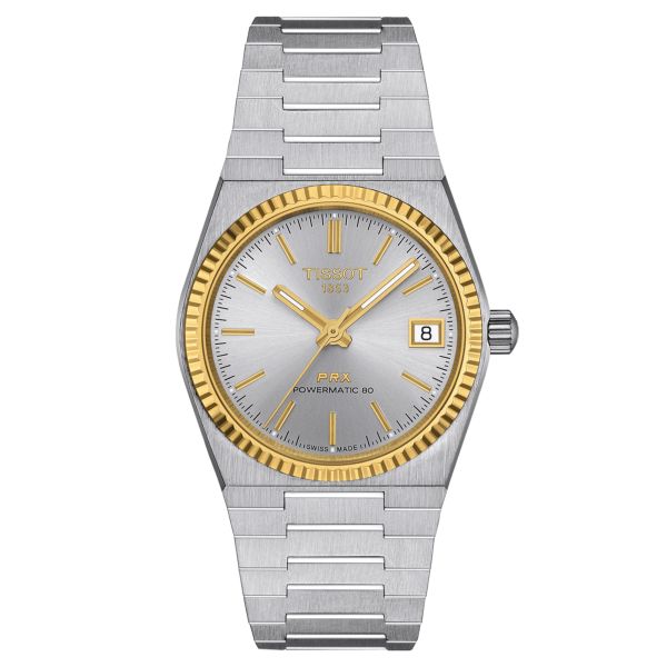 Tissot PRX Powermatic 80 automatic watch Yellow gold silver dial steel bracelet 35 mm