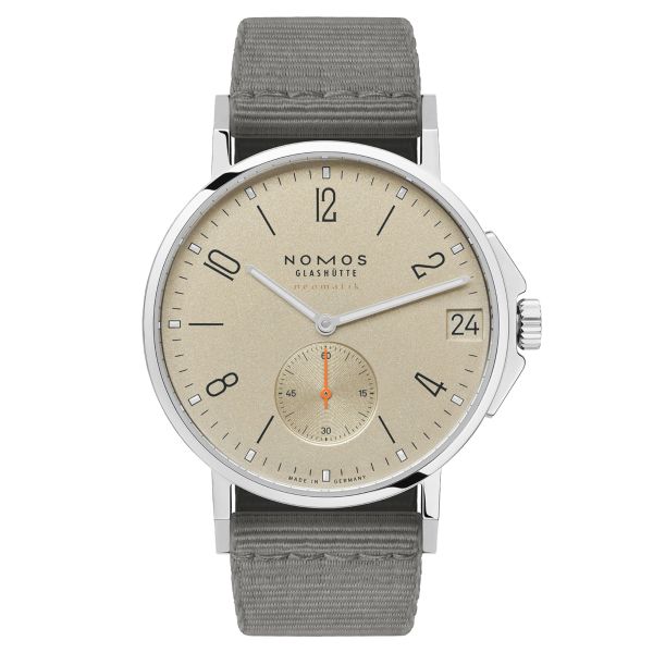 Nomos Ahoi Neomatik Date Sable automatic watch sapphire back sand dial grey fabric strap 38.5 mm 527