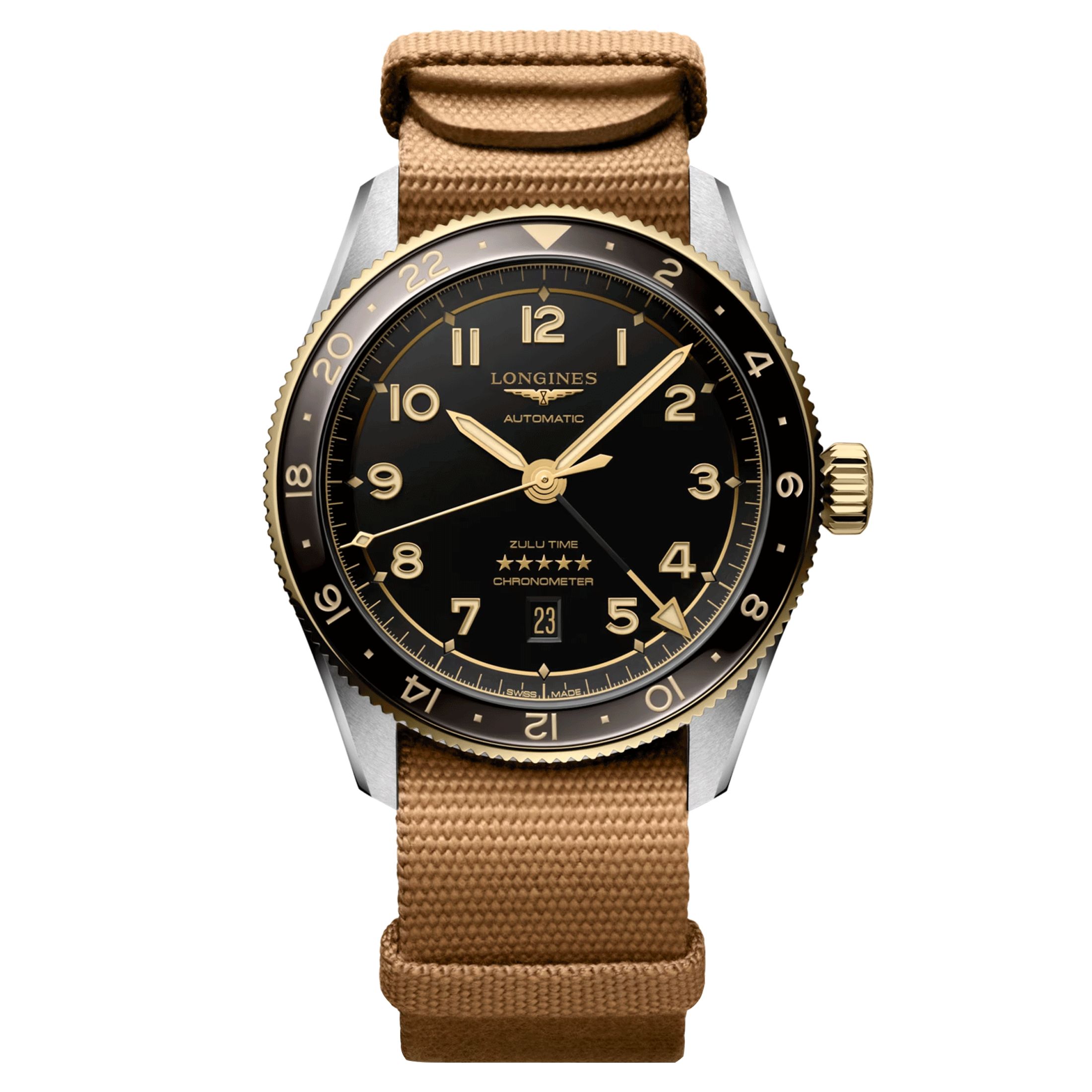 Longines Spirit Zulu Time Steel Gold automatic watch black dial brown NATO strap 42 mm