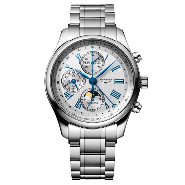 Longines Master Collection automatic chronograph watch silver dial steel bracelet 42 mm