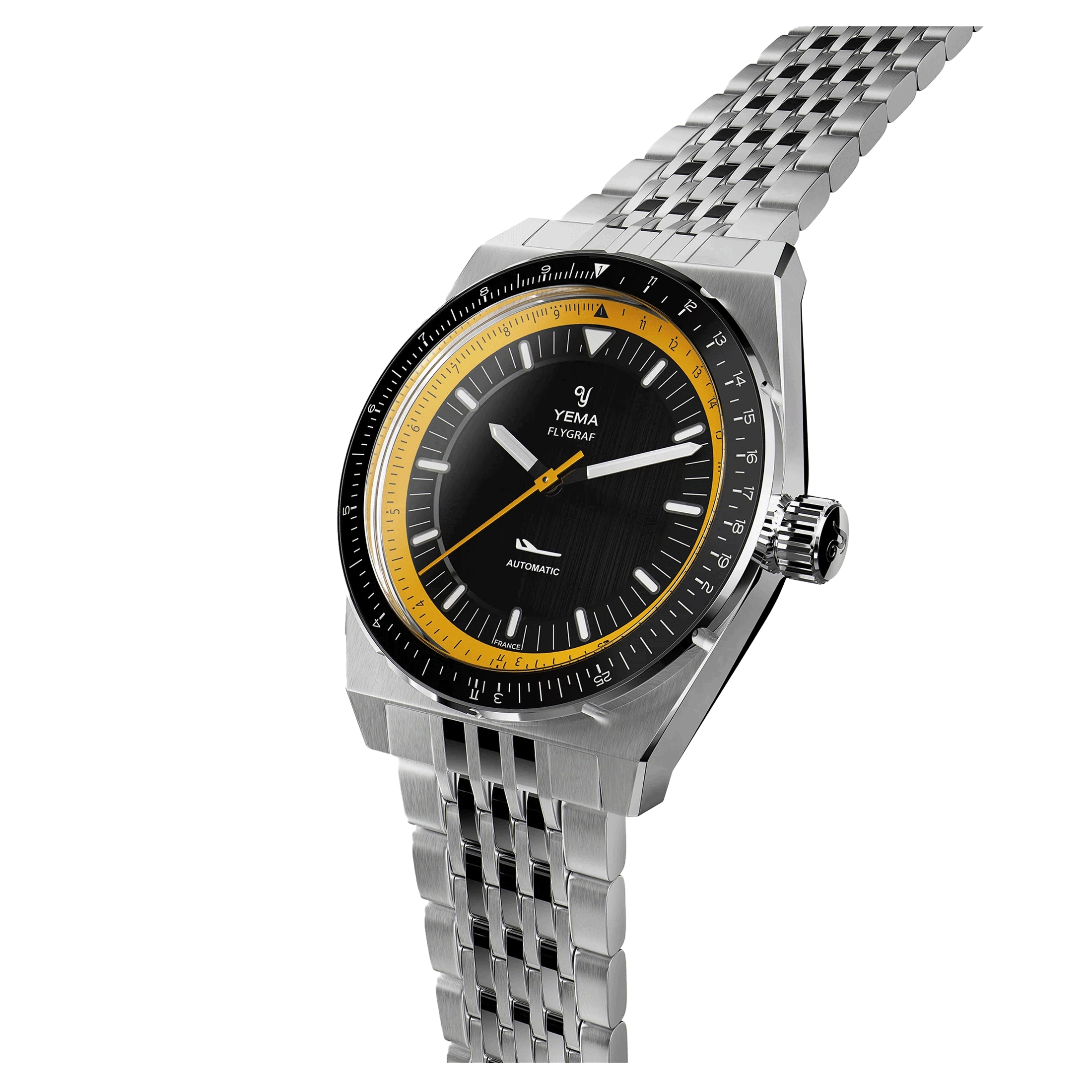 Yema Urban Yachtingraf automatic watch yellow bezel black dial stainless steel bracelet 39 mm YFLY23-AMS