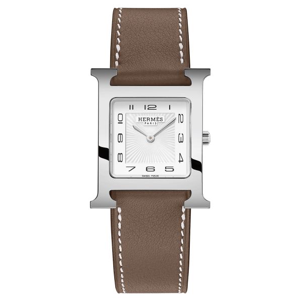 Montre HERMÈS Heure H Moyen Modèle quartz cadran blanc bracelet cuir taupe 30 mm W052404WW00