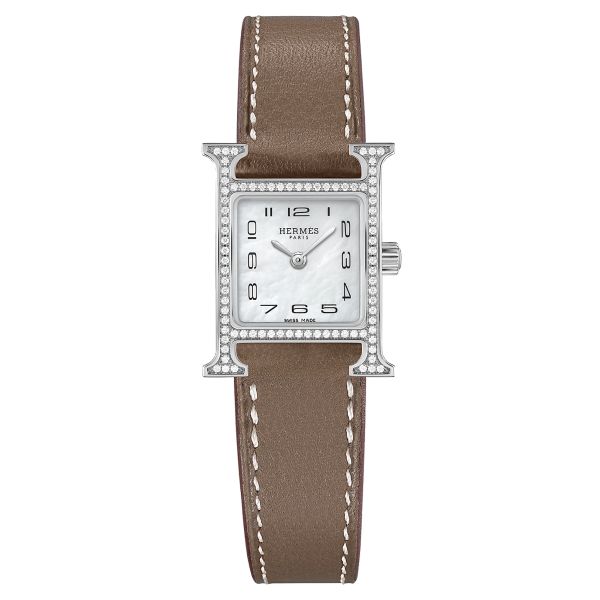 HERMÈS Heure H Mini Model watch set with quartz white mother-of-pearl dial taupe leather strap 21 mm W053023WW00