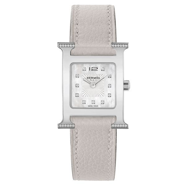 HERMÈS Heure H Small Model watch set with quartz diamond hour markers white mother-of-pearl dial grey leather strap 25 mm