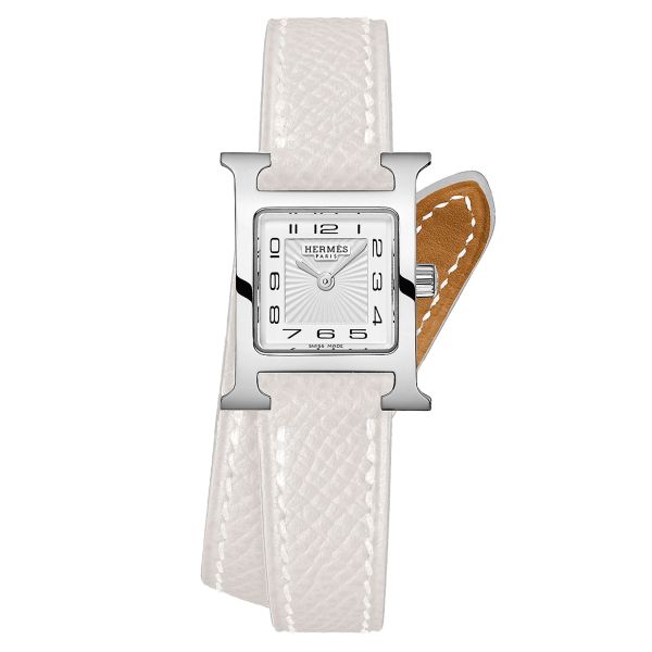 HERMÈS Heure H Mini Model quartz white dial white leather double tour strap 21 mm