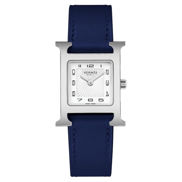 HERMÈS Heure H Small Model quartz white dial blue leather strap 25 mm