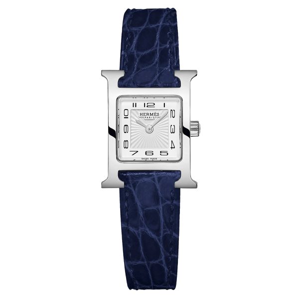 HERMÈS Heure H Mini Model watch quartz white dial blue croco leather strap 21 mm