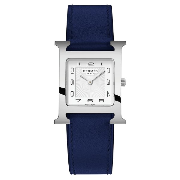 HERMÈS Heure H Medium Model quartz white dial blue leather strap 30 mm