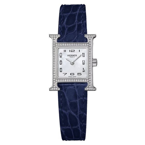 HERMÈS Heure H Mini Model quartz set white mother-of-pearl dial blue crocodile leather strap 21 mm