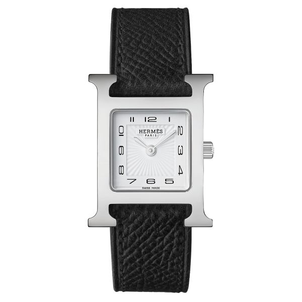 HERMÈS Heure H Small Model watch quartz white dial black leather strap 25 mm