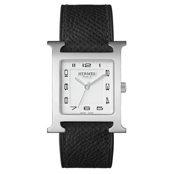 HERMÈS Heure H Large Model watch quartz white dial black leather strap 34 mm