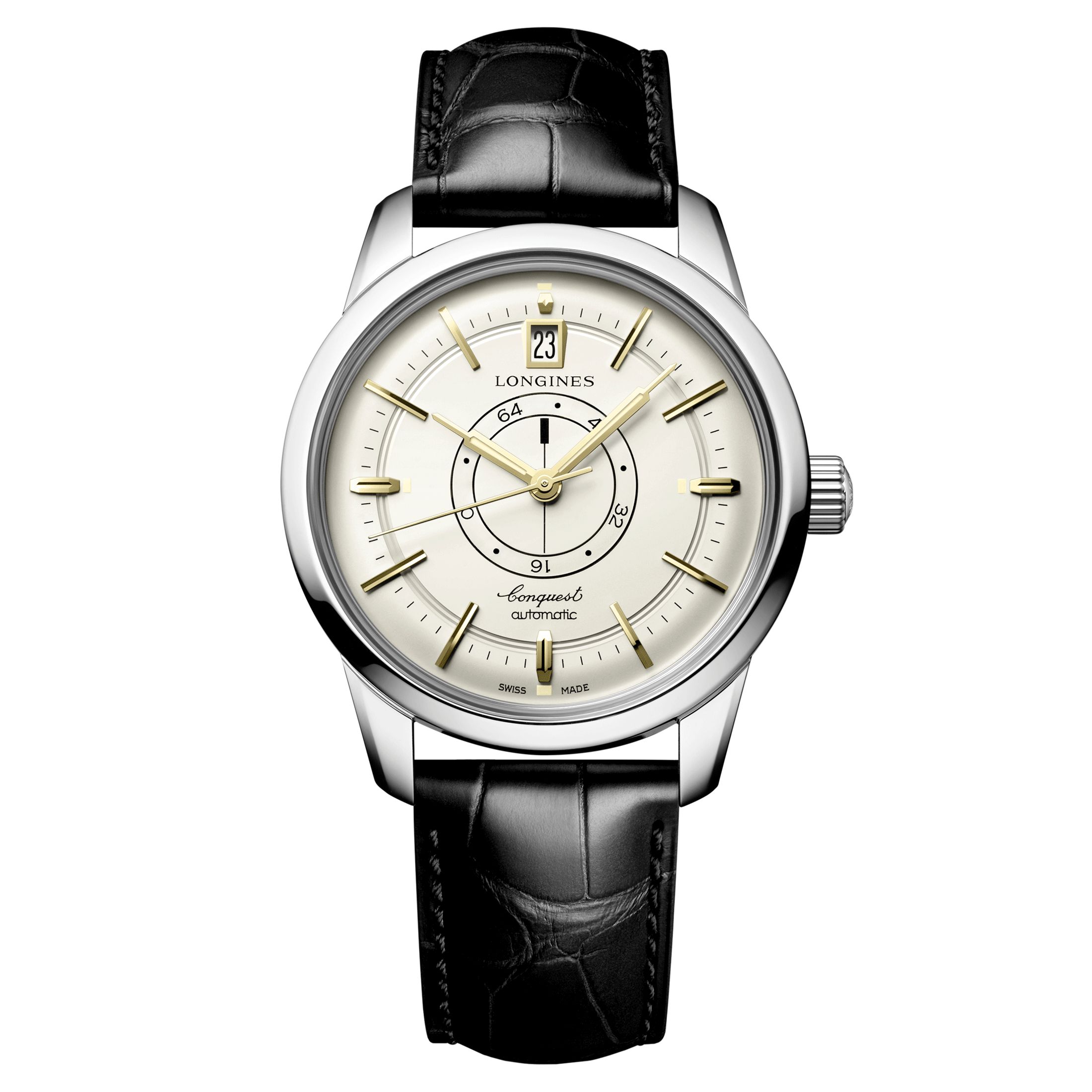 Longines Conquest Heritage Central Power Reserve automatic watch champagne dial black leather strap 38 mm