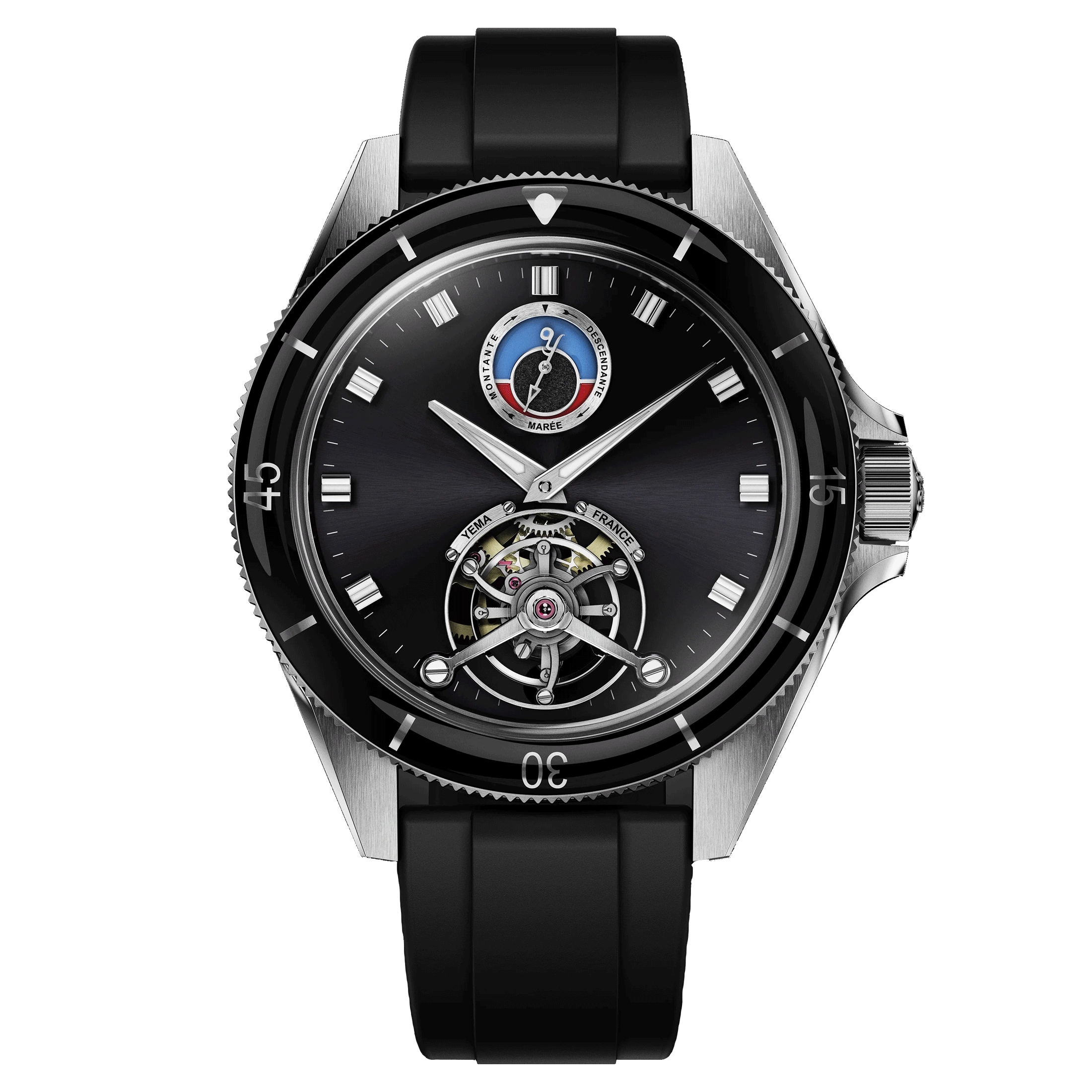 Yema Yachtingraf Tourbillon Mareographe Acier 75th anniversary mechanical watch black dial black rubber strap 42.5 mm