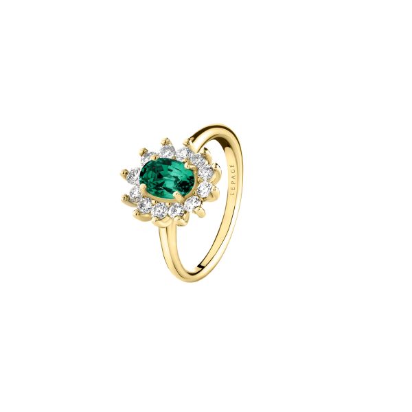 Lepage Daisy ring in yellow gold, emerald and diamonds