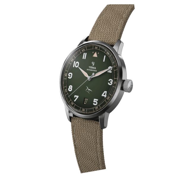 Montre Yema Flygraf Flieger AAE automatique cadran vert bracelet tissu beige 40 mm YFLY24AA-ZES