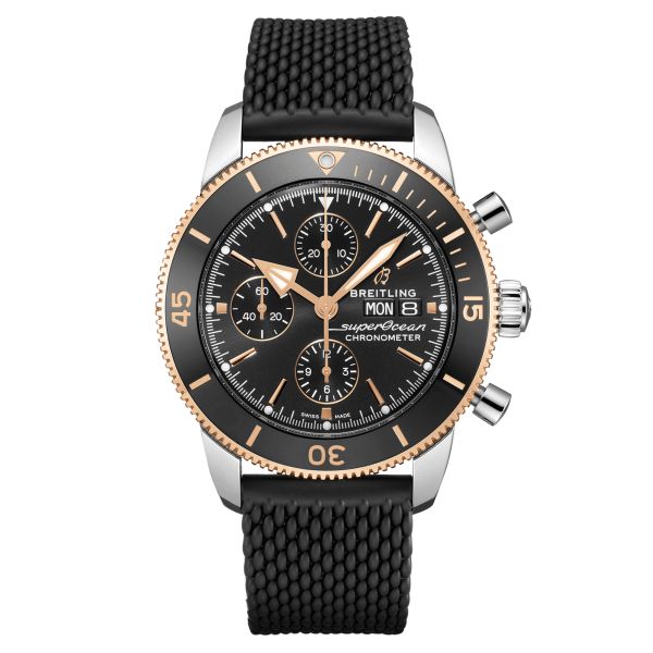Breitling Superocean Heritage II automatic chronograph rose gold steel watch black rubber strap 44 mm
