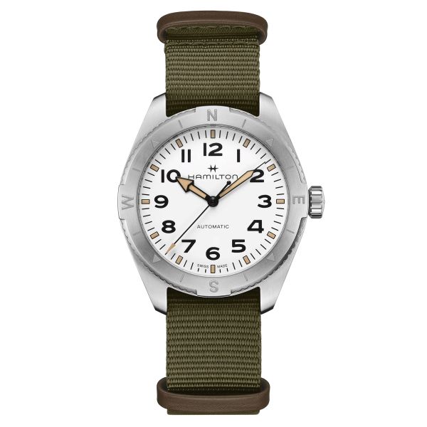 Hamilton Khaki Field Expedition automatic watch white dial green NATO strap 41 mm
