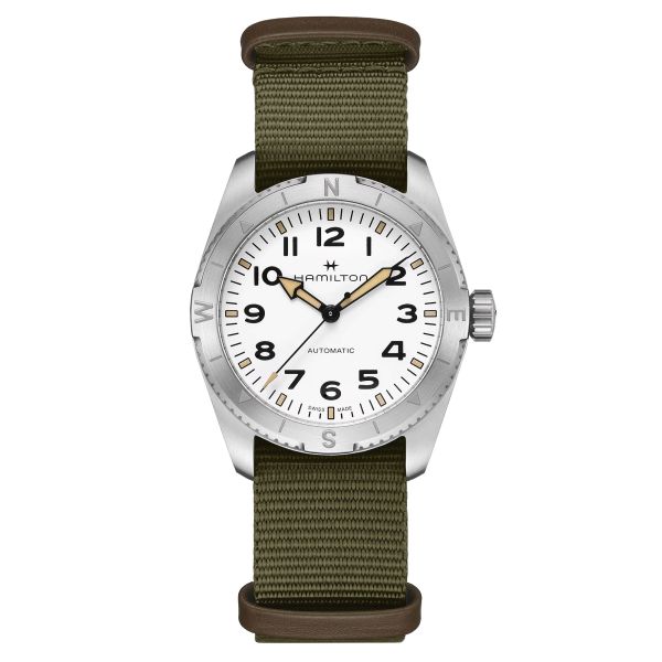 Hamilton Khaki Field Expedition automatic watch white dial green NATO strap 37 mm