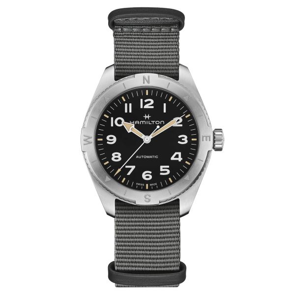 Hamilton Khaki Field Expedition automatic watch black dial grey NATO strap 41 mm