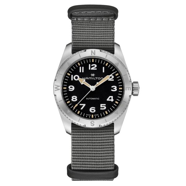 Hamilton Khaki Field Expedition automatic watch black dial grey NATO strap 37 mm