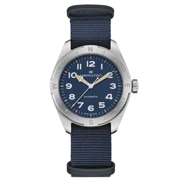Hamilton Khaki Field Expedition automatic watch blue dial blue NATO strap 41 mm