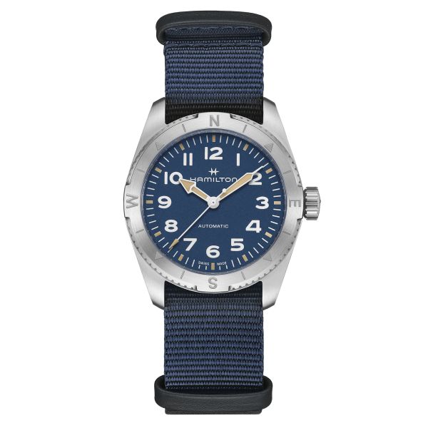 Hamilton Khaki Field Expedition automatic watch blue dial blue NATO strap 37 mm