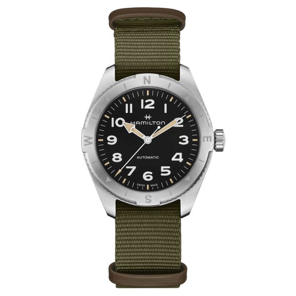 Hamilton Khaki Field Expedition automatic watch black dial green NATO strap 41 mm