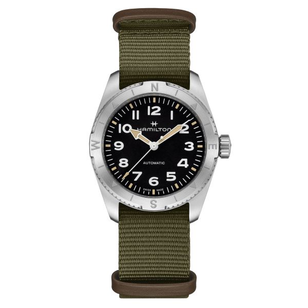 Hamilton Khaki Field Expedition automatic watch black dial green NATO strap 37 mm