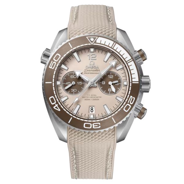 Montre Omega Seamaster Planet Ocean 600m Chronographe Co-Axial Master Chronometer cadran beige bracelet caoutchouc 45,5 mm