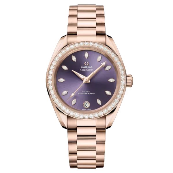 Omega Seamaster Aqua Terra Shades 150m Ladies Sedna Gold lavender dial gold bracelet 34 mm