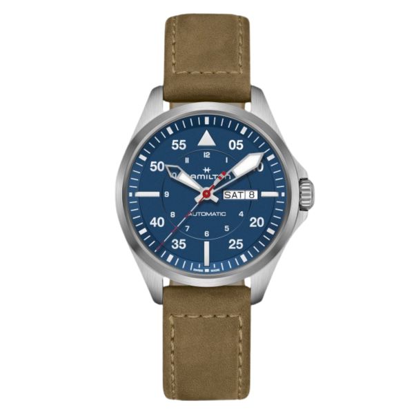 Hamilton Khaki Aviation Pilot Day Date Special Edition Air Glacier automatic watch blue dial leather and velcro straps 42 mm