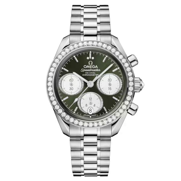 Montre Omega Speedmaster 38 Diamants Chronographe Co-Axial Chronometer automatique cadran vert bracelet acier 38 mm