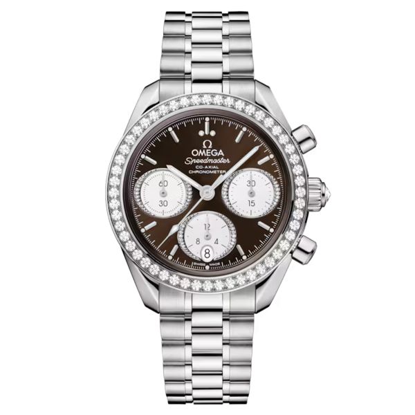 Montre Omega Speedmaster 38 Diamants Chronographe Co-Axial Chronometer automatique cadran brun bracelet acier 38 mm