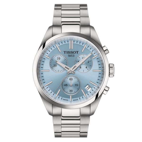 Montre Tissot T-Classic PR 100 Chronograph quartz cadran bleu glacier bracelet acier 40 mm T150.417.11.351.00