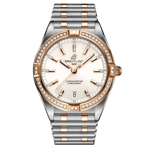 Breitling Chronomat Lady Superquartz watch in pink gold and steel white dial diamond bezel and indexes 32 mm